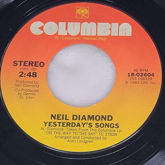 Columbia Other - Neil Diamond Yesterdays Songs / Guitar Heaven 45 RPM Vinyl Pitman Pressing 1981